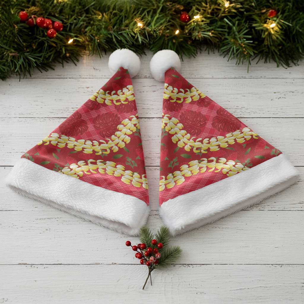Red Palaka Hawaii Mele Kalikimaka Christmas Santa Hat Ohia Lehua Monstera Puakenikeni Lei - Polynesian Pride