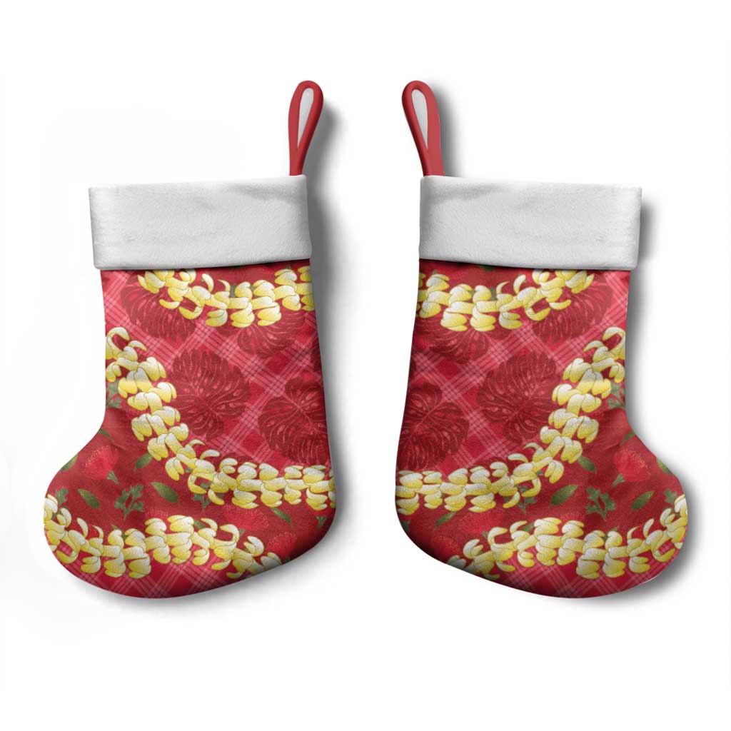 Red Palaka Hawaii Mele Kalikimaka Christmas Stocking Ohia Lehua Monstera Puakenikeni Lei - Polynesian Pride