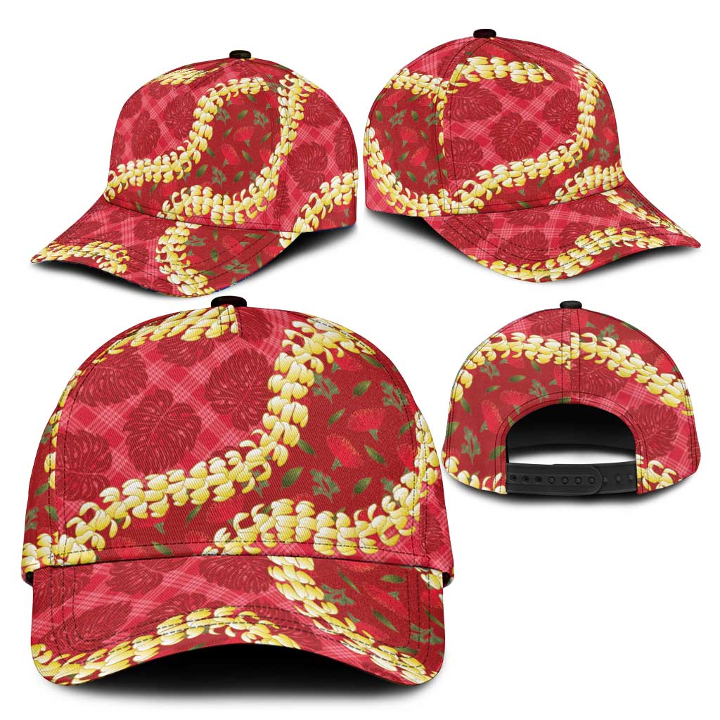 Red Palaka Hawaii Mele Kalikimaka Classic Cap Ohia Lehua Monstera Puakenikeni Lei LT14 - Polynesian Pride