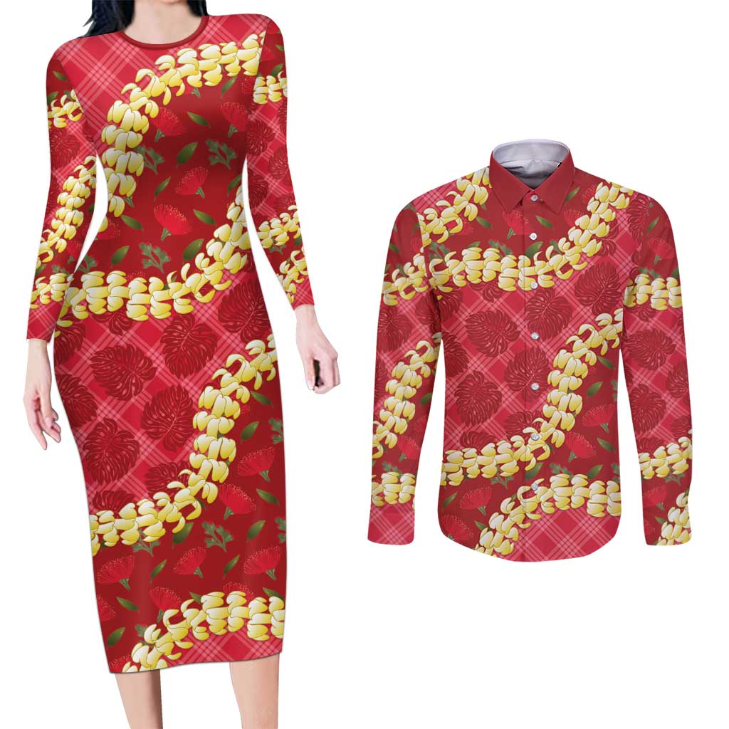 Red Palaka Hawaii Mele Kalikimaka Couples Matching Long Sleeve Bodycon Dress and Long Sleeve Button Shirt Ohia Lehua Monstera Puakenikeni Lei LT14 Red - Polynesian Pride