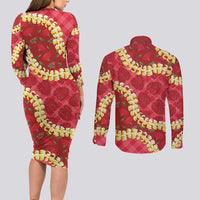 Red Palaka Hawaii Mele Kalikimaka Couples Matching Long Sleeve Bodycon Dress and Long Sleeve Button Shirt Ohia Lehua Monstera Puakenikeni Lei LT14 - Polynesian Pride
