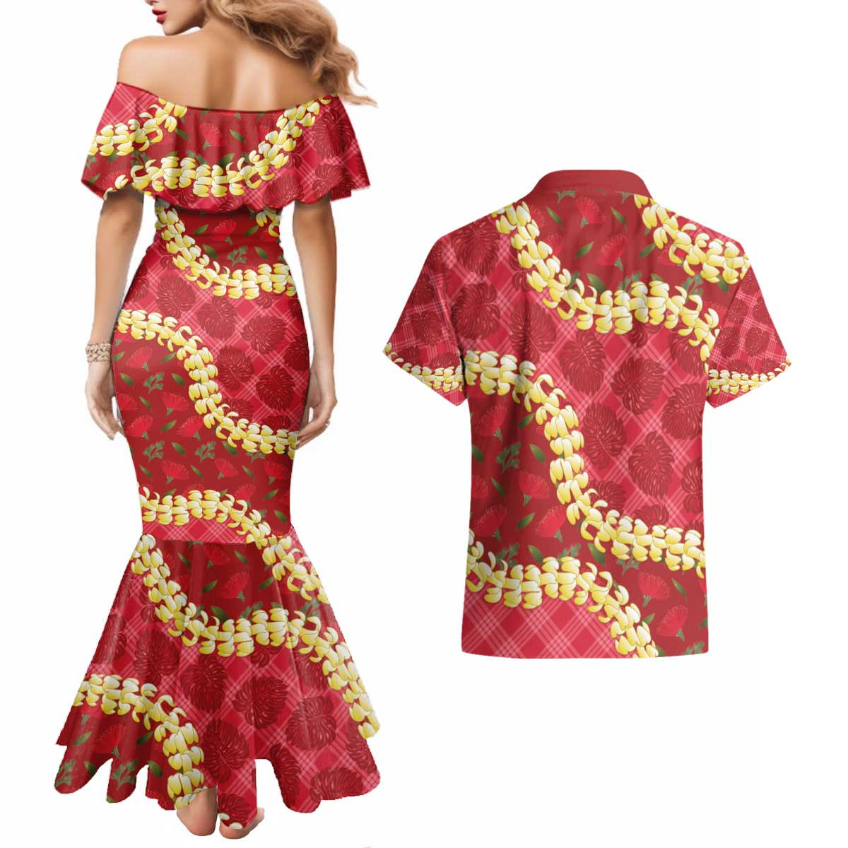 Red Palaka Hawaii Mele Kalikimaka Couples Matching Mermaid Dress and Hawaiian Shirt Ohia Lehua Monstera Puakenikeni Lei LT14 - Polynesian Pride