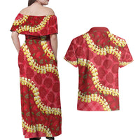 Red Palaka Hawaii Mele Kalikimaka Couples Matching Off Shoulder Maxi Dress and Hawaiian Shirt Ohia Lehua Monstera Puakenikeni Lei LT14 - Polynesian Pride
