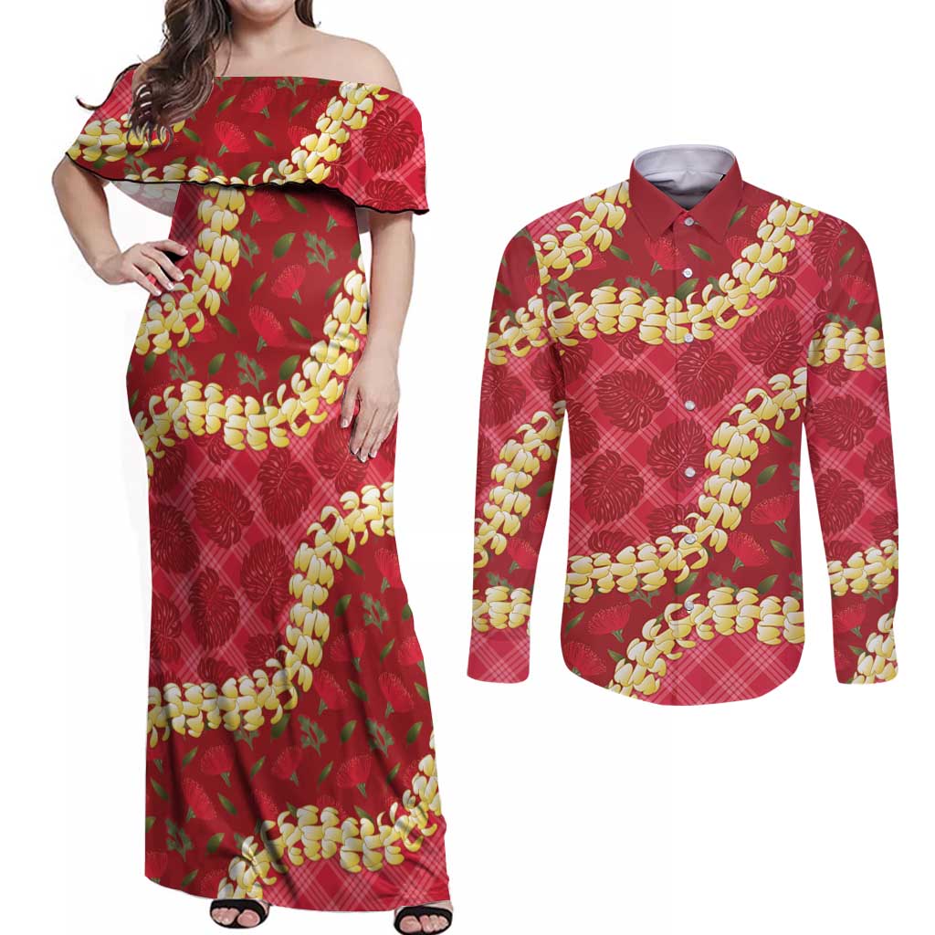 Red Palaka Hawaii Mele Kalikimaka Couples Matching Off Shoulder Maxi Dress and Long Sleeve Button Shirt Ohia Lehua Monstera Puakenikeni Lei LT14 Red - Polynesian Pride