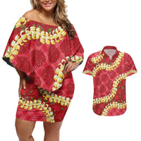 Red Palaka Hawaii Mele Kalikimaka Couples Matching Off Shoulder Short Dress and Hawaiian Shirt Ohia Lehua Monstera Puakenikeni Lei LT14 Red - Polynesian Pride