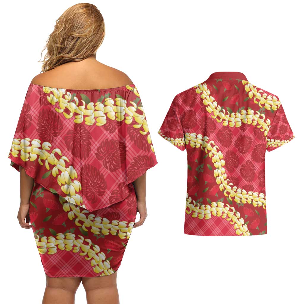 Red Palaka Hawaii Mele Kalikimaka Couples Matching Off Shoulder Short Dress and Hawaiian Shirt Ohia Lehua Monstera Puakenikeni Lei LT14 - Polynesian Pride
