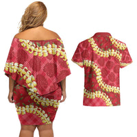 Red Palaka Hawaii Mele Kalikimaka Couples Matching Off Shoulder Short Dress and Hawaiian Shirt Ohia Lehua Monstera Puakenikeni Lei LT14 - Polynesian Pride