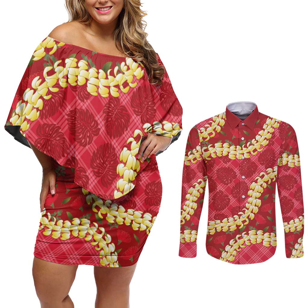 Red Palaka Hawaii Mele Kalikimaka Couples Matching Off Shoulder Short Dress and Long Sleeve Button Shirt Ohia Lehua Monstera Puakenikeni Lei LT14 Red - Polynesian Pride