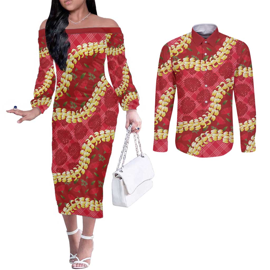 Red Palaka Hawaii Mele Kalikimaka Couples Matching Off The Shoulder Long Sleeve Dress and Long Sleeve Button Shirt Ohia Lehua Monstera Puakenikeni Lei - Polynesian Pride