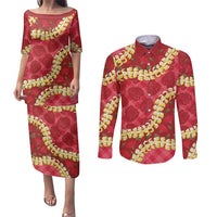 Red Palaka Hawaii Mele Kalikimaka Couples Matching Puletasi and Long Sleeve Button Shirt Ohia Lehua Monstera Puakenikeni Lei LT14 Red - Polynesian Pride