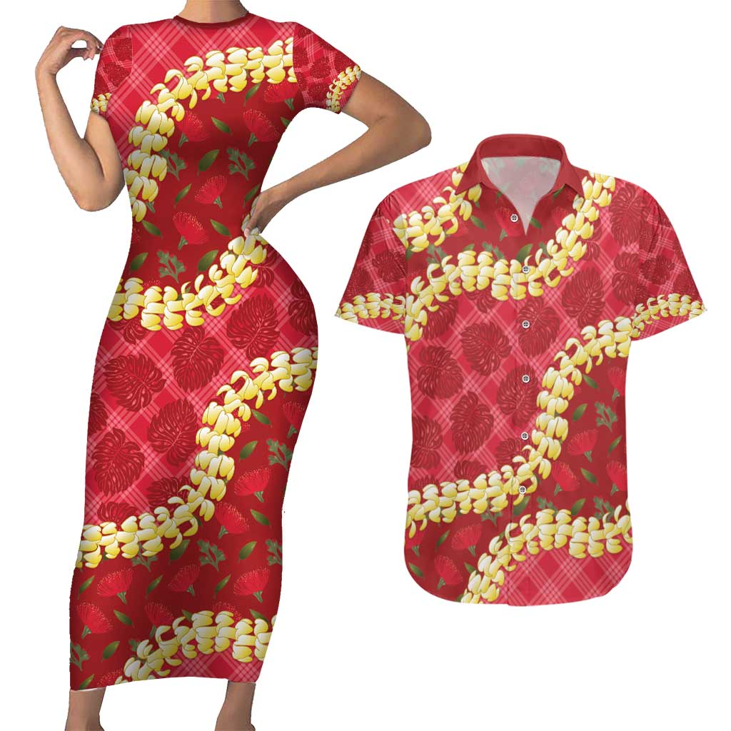 Red Palaka Hawaii Mele Kalikimaka Couples Matching Short Sleeve Bodycon Dress and Hawaiian Shirt Ohia Lehua Monstera Puakenikeni Lei LT14 Red - Polynesian Pride