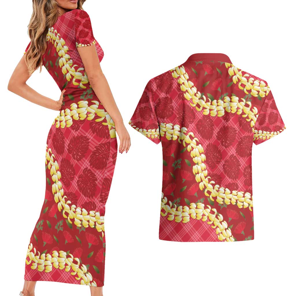Red Palaka Hawaii Mele Kalikimaka Couples Matching Short Sleeve Bodycon Dress and Hawaiian Shirt Ohia Lehua Monstera Puakenikeni Lei LT14 - Polynesian Pride