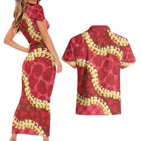 Red Palaka Hawaii Mele Kalikimaka Couples Matching Short Sleeve Bodycon Dress and Hawaiian Shirt Ohia Lehua Monstera Puakenikeni Lei LT14 - Polynesian Pride
