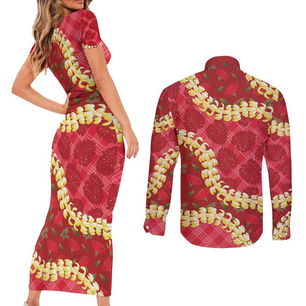 Red Palaka Hawaii Mele Kalikimaka Couples Matching Short Sleeve Bodycon Dress and Long Sleeve Button Shirt Ohia Lehua Monstera Puakenikeni Lei LT14 - Polynesian Pride