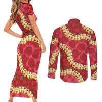 Red Palaka Hawaii Mele Kalikimaka Couples Matching Short Sleeve Bodycon Dress and Long Sleeve Button Shirt Ohia Lehua Monstera Puakenikeni Lei LT14 - Polynesian Pride
