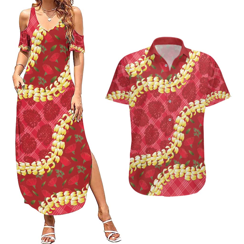 Red Palaka Hawaii Mele Kalikimaka Couples Matching Summer Maxi Dress and Hawaiian Shirt Ohia Lehua Monstera Puakenikeni Lei LT14 Red - Polynesian Pride