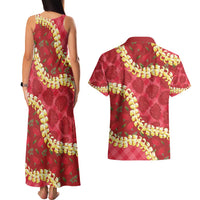 Red Palaka Hawaii Mele Kalikimaka Couples Matching Tank Maxi Dress and Hawaiian Shirt Ohia Lehua Monstera Puakenikeni Lei LT14 - Polynesian Pride