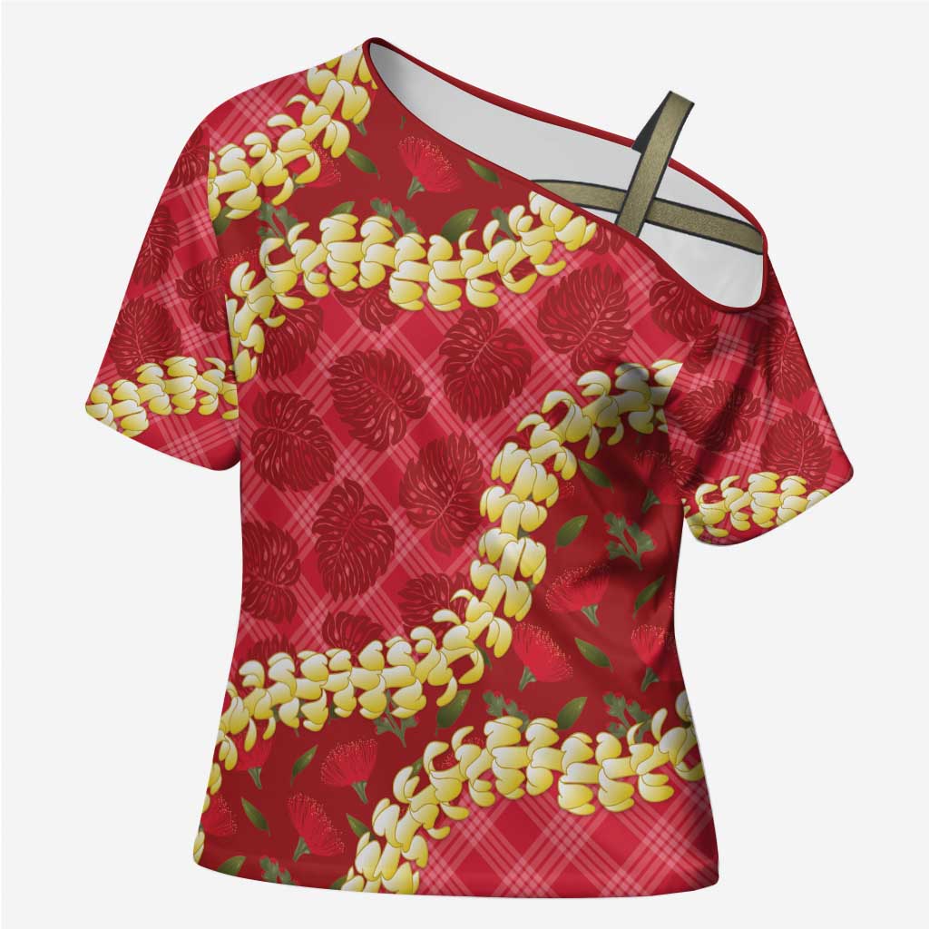 Red Palaka Hawaii Mele Kalikimaka Cross Shoulder Shirt Ohia Lehua Monstera Puakenikeni Lei - Polynesian Pride