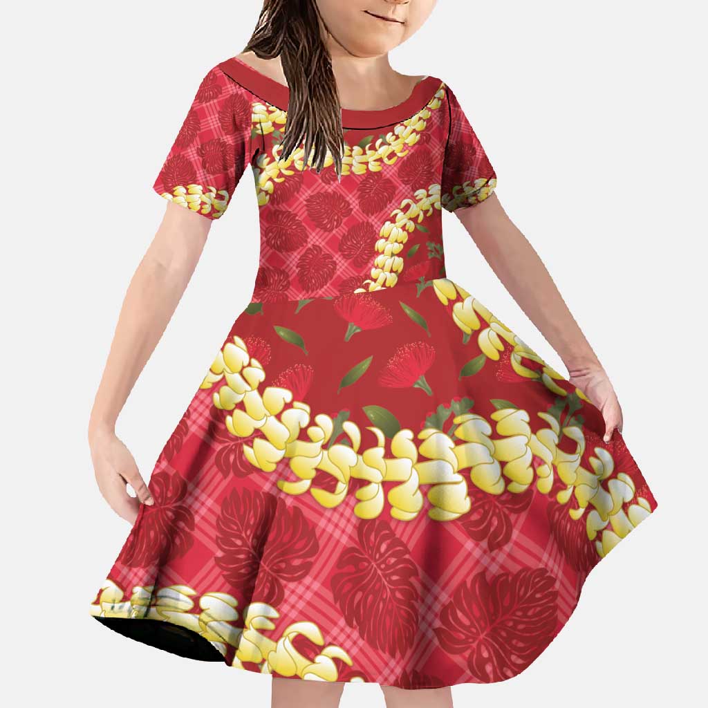 Red Palaka Hawaii Mele Kalikimaka Family Matching Long Sleeve Bodycon Dress and Hawaiian Shirt Ohia Lehua Monstera Puakenikeni Lei LT14 Daughter's Dress Red - Polynesian Pride