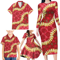 Red Palaka Hawaii Mele Kalikimaka Family Matching Long Sleeve Bodycon Dress and Hawaiian Shirt Ohia Lehua Monstera Puakenikeni Lei LT14 - Polynesian Pride