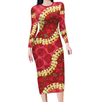Red Palaka Hawaii Mele Kalikimaka Family Matching Long Sleeve Bodycon Dress and Hawaiian Shirt Ohia Lehua Monstera Puakenikeni Lei LT14 Mom's Dress Red - Polynesian Pride
