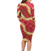 Red Palaka Hawaii Mele Kalikimaka Family Matching Long Sleeve Bodycon Dress and Hawaiian Shirt Ohia Lehua Monstera Puakenikeni Lei LT14 - Polynesian Pride