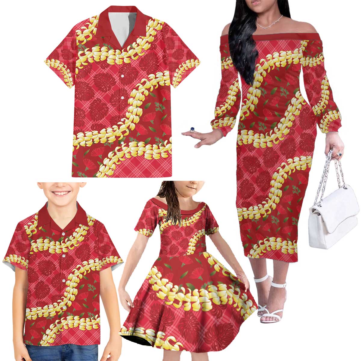 Red Palaka Hawaii Mele Kalikimaka Family Matching Off The Shoulder Long Sleeve Dress and Hawaiian Shirt Ohia Lehua Monstera Puakenikeni Lei LT14 - Polynesian Pride