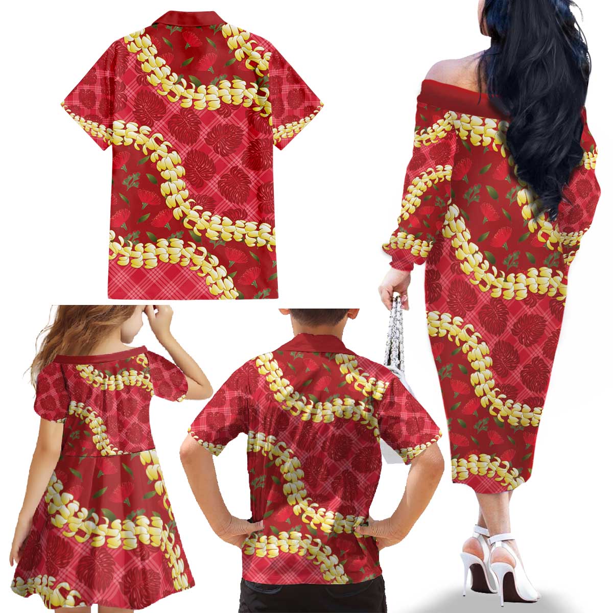 Red Palaka Hawaii Mele Kalikimaka Family Matching Off The Shoulder Long Sleeve Dress and Hawaiian Shirt Ohia Lehua Monstera Puakenikeni Lei LT14 - Polynesian Pride