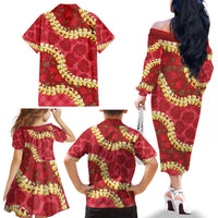 Red Palaka Hawaii Mele Kalikimaka Family Matching Off The Shoulder Long Sleeve Dress and Hawaiian Shirt Ohia Lehua Monstera Puakenikeni Lei LT14 - Polynesian Pride