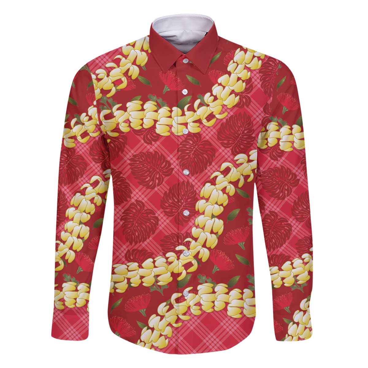 Red Palaka Hawaii Mele Kalikimaka Family Matching Off The Shoulder Long Sleeve Dress and Hawaiian Shirt Ohia Lehua Monstera Puakenikeni Lei LT14 Dad's Shirt - Long Sleeve Red - Polynesian Pride