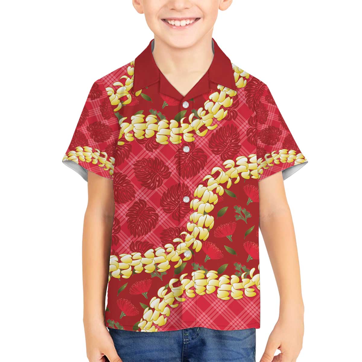 Red Palaka Hawaii Mele Kalikimaka Family Matching Off The Shoulder Long Sleeve Dress and Hawaiian Shirt Ohia Lehua Monstera Puakenikeni Lei LT14 Son's Shirt Red - Polynesian Pride