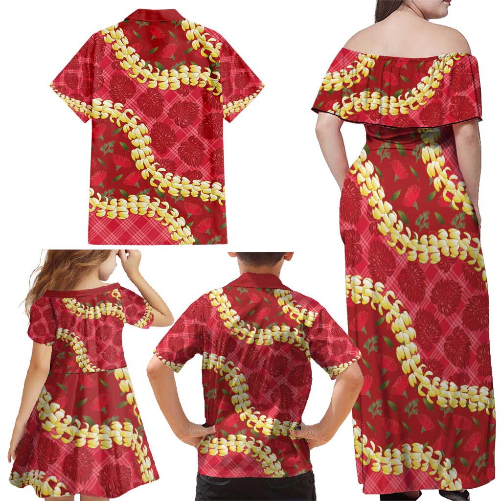 Red Palaka Hawaii Mele Kalikimaka Family Matching Off Shoulder Maxi Dress and Hawaiian Shirt Ohia Lehua Monstera Puakenikeni Lei LT14 - Polynesian Pride
