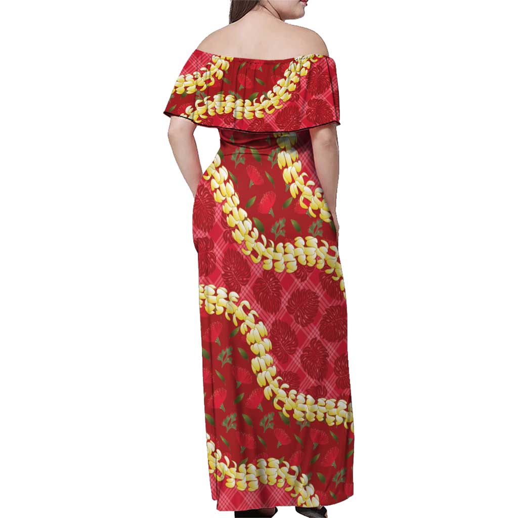 Red Palaka Hawaii Mele Kalikimaka Family Matching Off Shoulder Maxi Dress and Hawaiian Shirt Ohia Lehua Monstera Puakenikeni Lei LT14 - Polynesian Pride