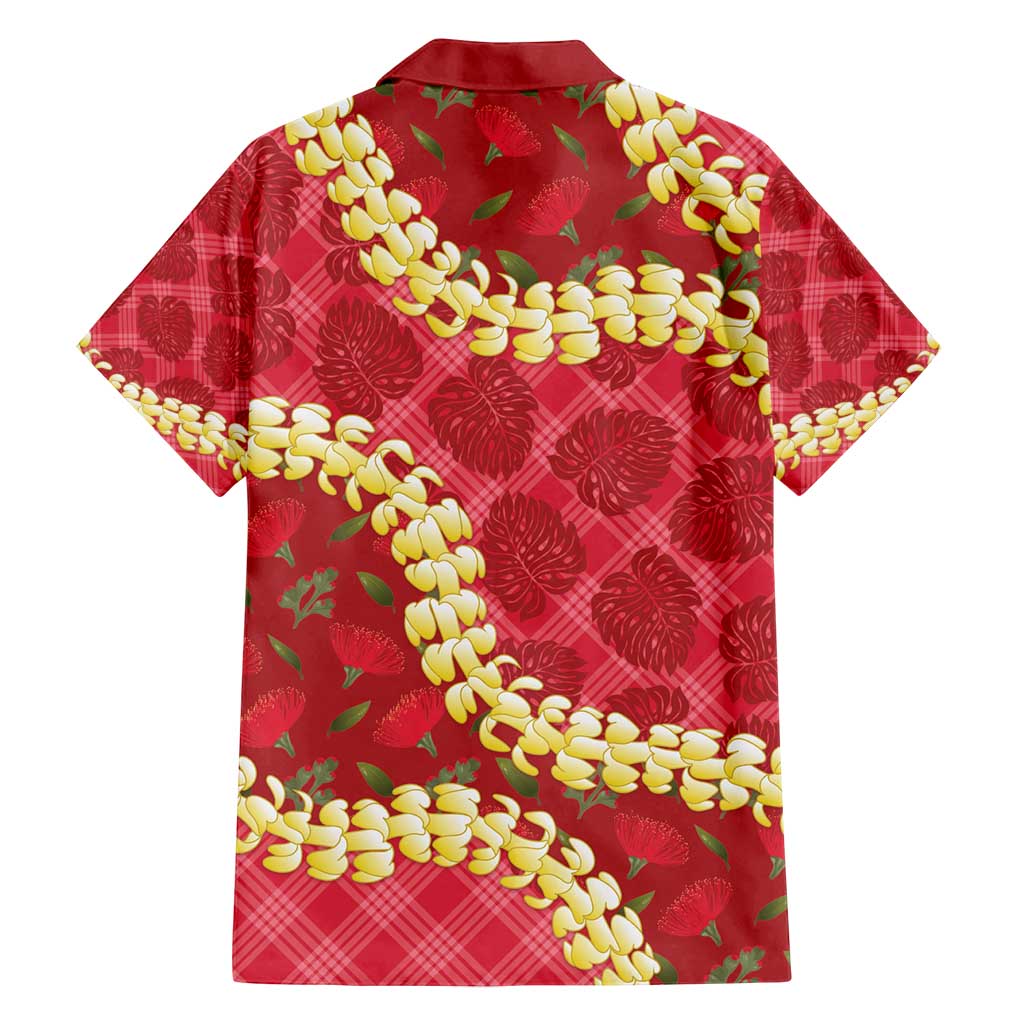 Red Palaka Hawaii Mele Kalikimaka Family Matching Off Shoulder Short Dress and Hawaiian Shirt Ohia Lehua Monstera Puakenikeni Lei LT14 - Polynesian Pride
