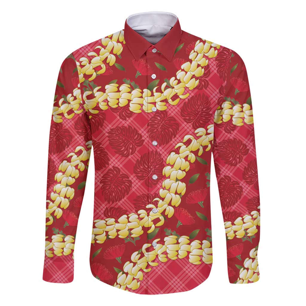 Red Palaka Hawaii Mele Kalikimaka Family Matching Off Shoulder Short Dress and Hawaiian Shirt Ohia Lehua Monstera Puakenikeni Lei LT14 Dad's Shirt - Long Sleeve Red - Polynesian Pride