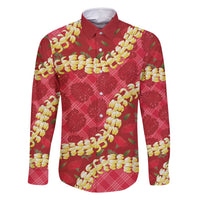 Red Palaka Hawaii Mele Kalikimaka Family Matching Off Shoulder Short Dress and Hawaiian Shirt Ohia Lehua Monstera Puakenikeni Lei LT14 Dad's Shirt - Long Sleeve Red - Polynesian Pride