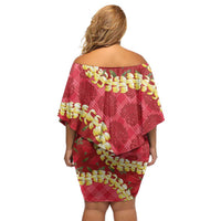 Red Palaka Hawaii Mele Kalikimaka Family Matching Off Shoulder Short Dress and Hawaiian Shirt Ohia Lehua Monstera Puakenikeni Lei LT14 - Polynesian Pride