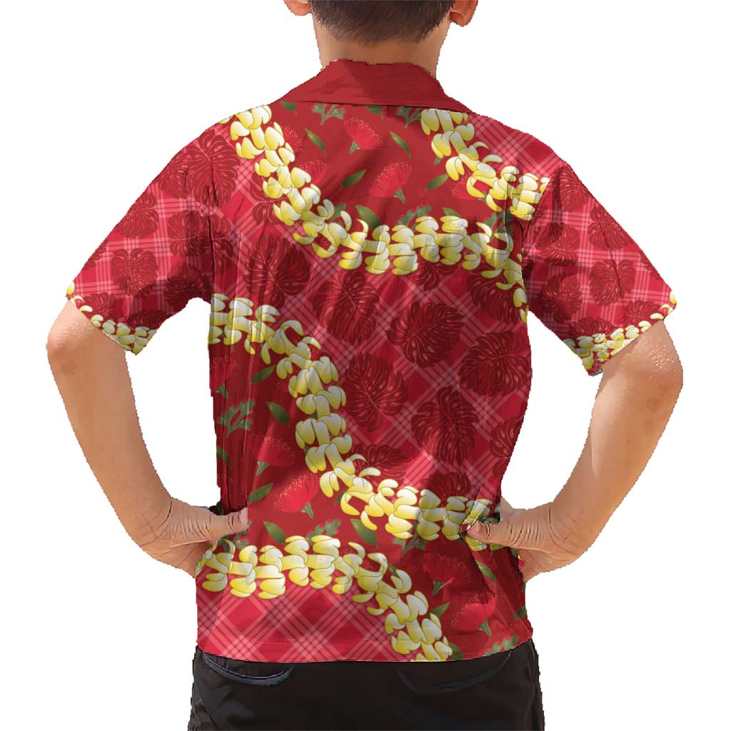 Red Palaka Hawaii Mele Kalikimaka Family Matching Short Sleeve Bodycon Dress and Hawaiian Shirt Ohia Lehua Monstera Puakenikeni Lei LT14 - Polynesian Pride