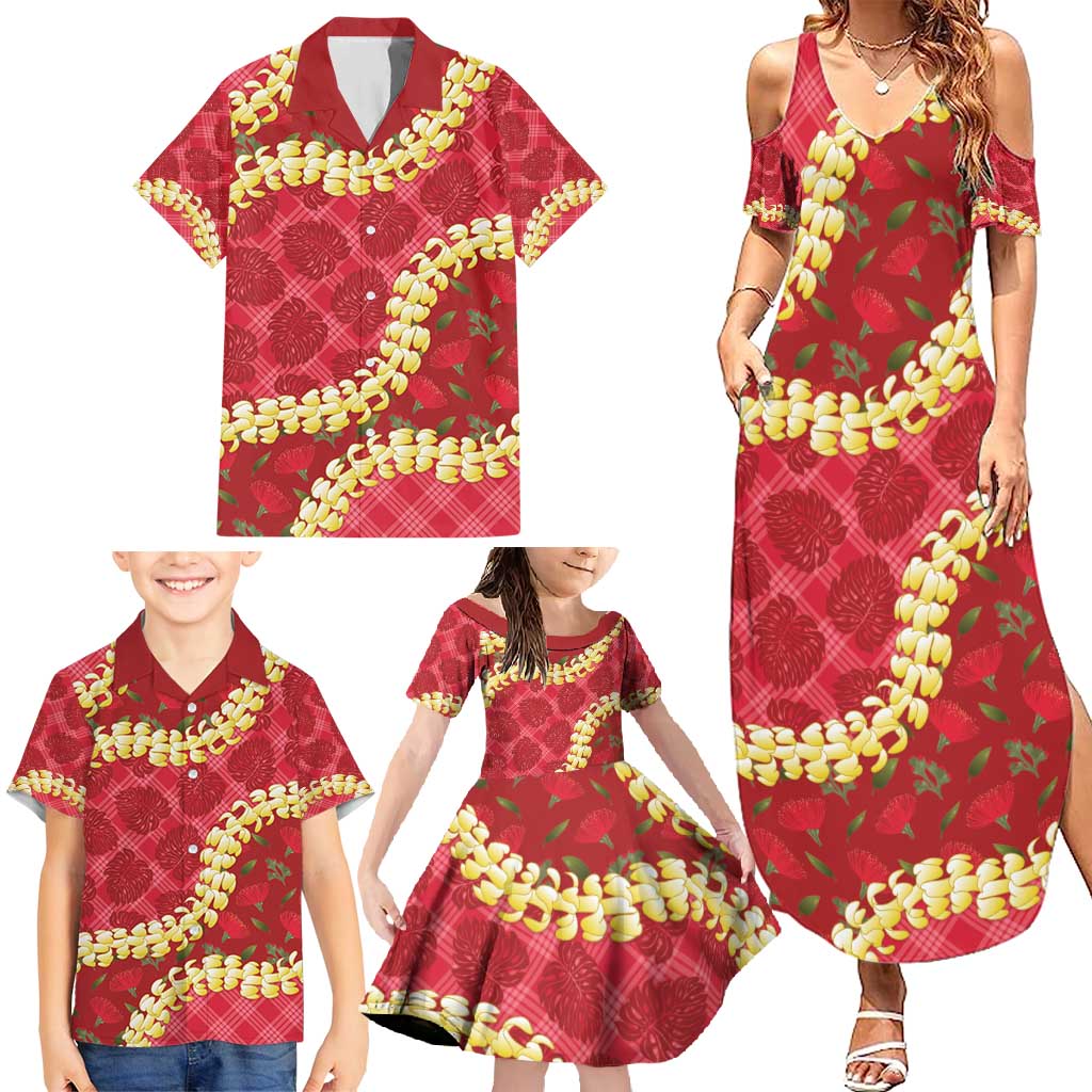 Red Palaka Hawaii Mele Kalikimaka Family Matching Summer Maxi Dress and Hawaiian Shirt Ohia Lehua Monstera Puakenikeni Lei LT14 - Polynesian Pride