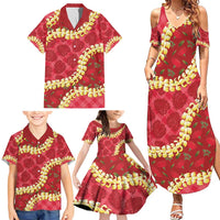 Red Palaka Hawaii Mele Kalikimaka Family Matching Summer Maxi Dress and Hawaiian Shirt Ohia Lehua Monstera Puakenikeni Lei LT14 - Polynesian Pride