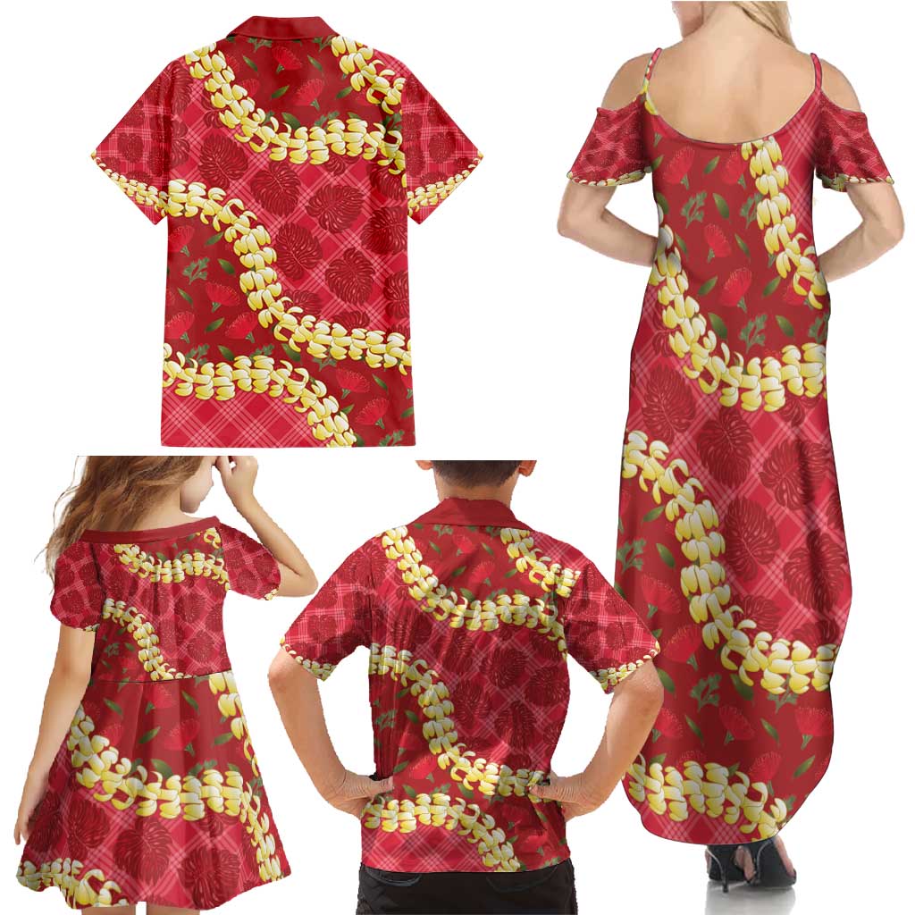 Red Palaka Hawaii Mele Kalikimaka Family Matching Summer Maxi Dress and Hawaiian Shirt Ohia Lehua Monstera Puakenikeni Lei LT14 - Polynesian Pride
