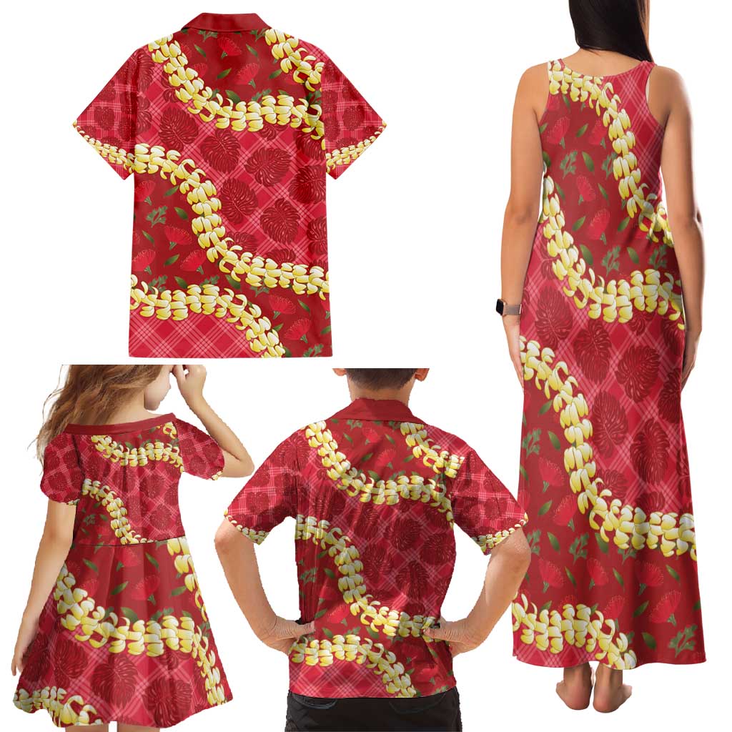 Red Palaka Hawaii Mele Kalikimaka Family Matching Tank Maxi Dress and Hawaiian Shirt Ohia Lehua Monstera Puakenikeni Lei LT14 - Polynesian Pride