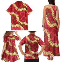 Red Palaka Hawaii Mele Kalikimaka Family Matching Tank Maxi Dress and Hawaiian Shirt Ohia Lehua Monstera Puakenikeni Lei LT14 - Polynesian Pride