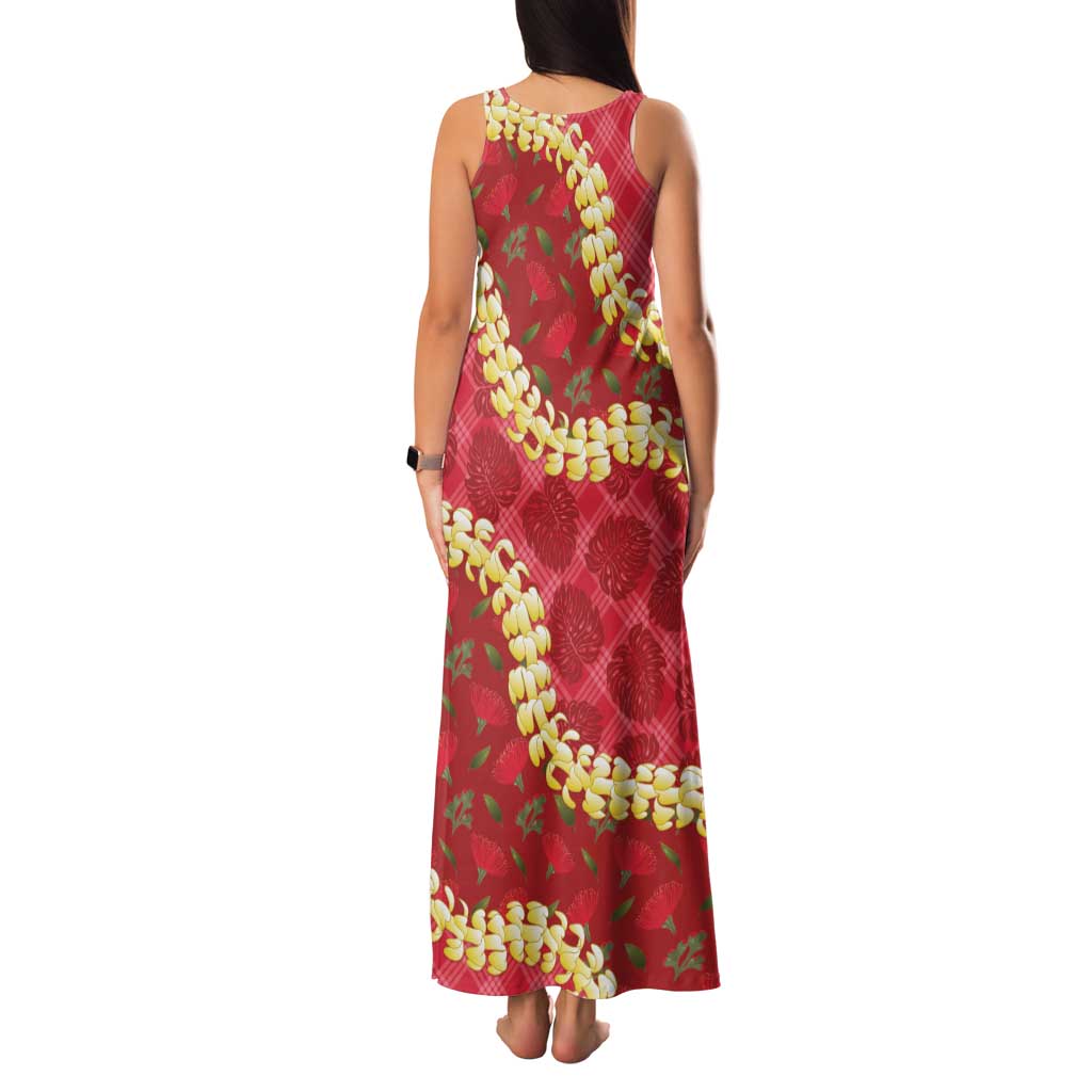 Red Palaka Hawaii Mele Kalikimaka Family Matching Tank Maxi Dress and Hawaiian Shirt Ohia Lehua Monstera Puakenikeni Lei LT14 - Polynesian Pride