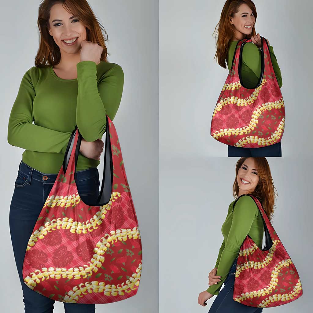 Red Palaka Hawaii Mele Kalikimaka Grocery Bag Ohia Lehua Monstera Puakenikeni Lei - Polynesian Pride