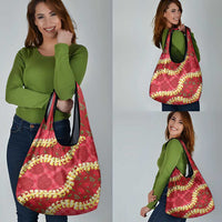 Red Palaka Hawaii Mele Kalikimaka Grocery Bag Ohia Lehua Monstera Puakenikeni Lei - Polynesian Pride