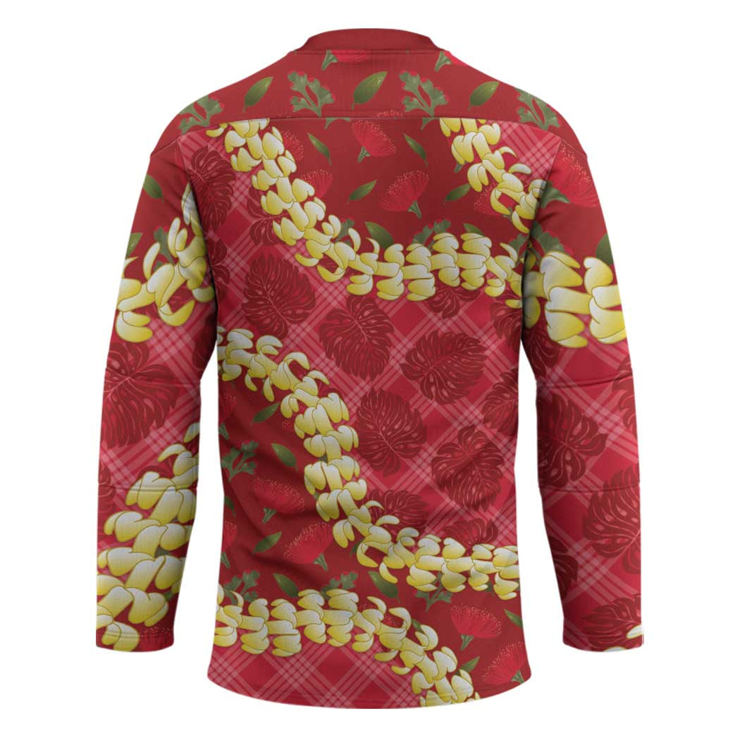 Red Palaka Hawaii Mele Kalikimaka Hockey Jersey Ohia Lehua Monstera Puakenikeni Lei LT14 - Polynesian Pride