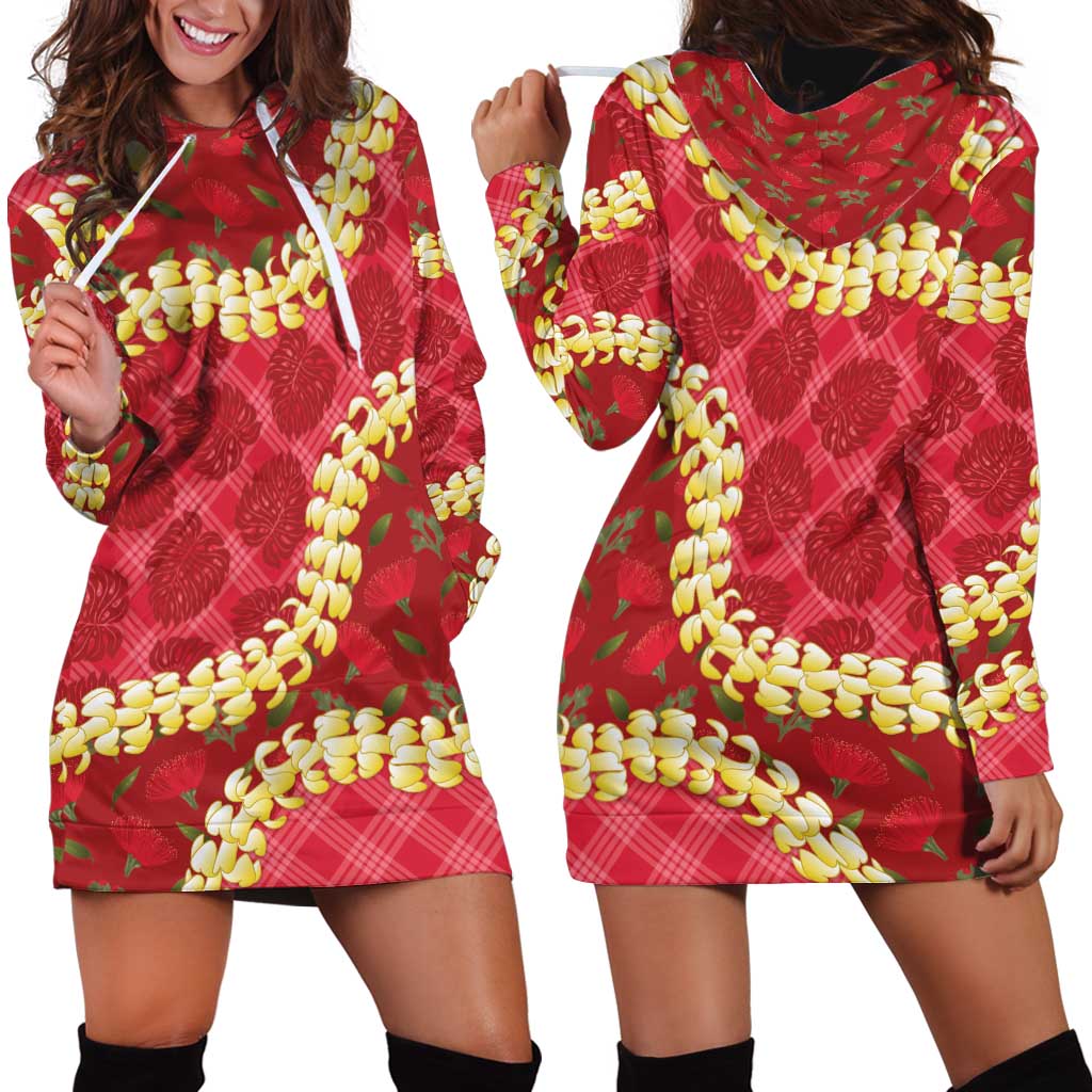Red Palaka Hawaii Mele Kalikimaka Hoodie Dress Ohia Lehua Monstera Puakenikeni Lei LT14 - Polynesian Pride