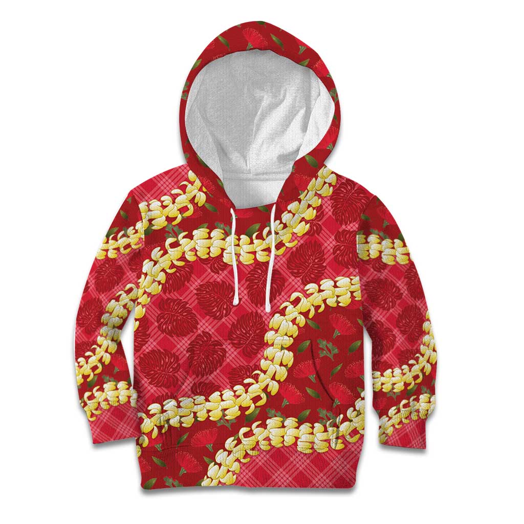 Red Palaka Hawaii Mele Kalikimaka Kid Hoodie Ohia Lehua Monstera Puakenikeni Lei LT14 Hoodie Red - Polynesian Pride