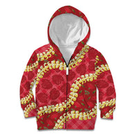 Red Palaka Hawaii Mele Kalikimaka Kid Hoodie Ohia Lehua Monstera Puakenikeni Lei LT14 Zip Hoodie Red - Polynesian Pride